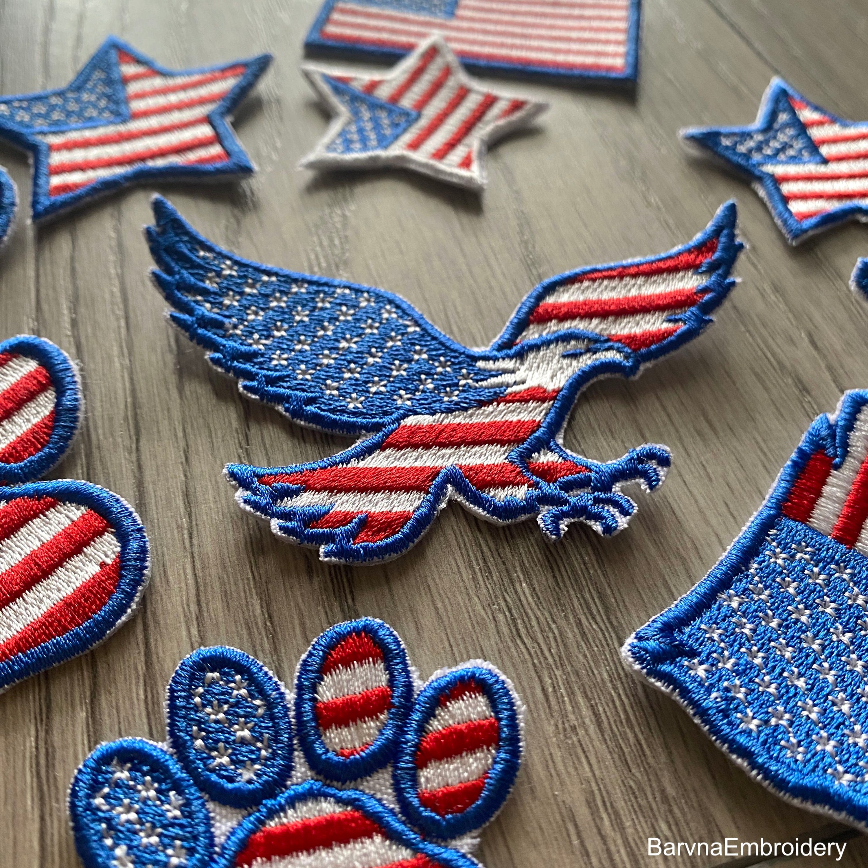 Machine embroidery design of a bald eagle in USA flag colors, perfect for patriotic patches and decor.