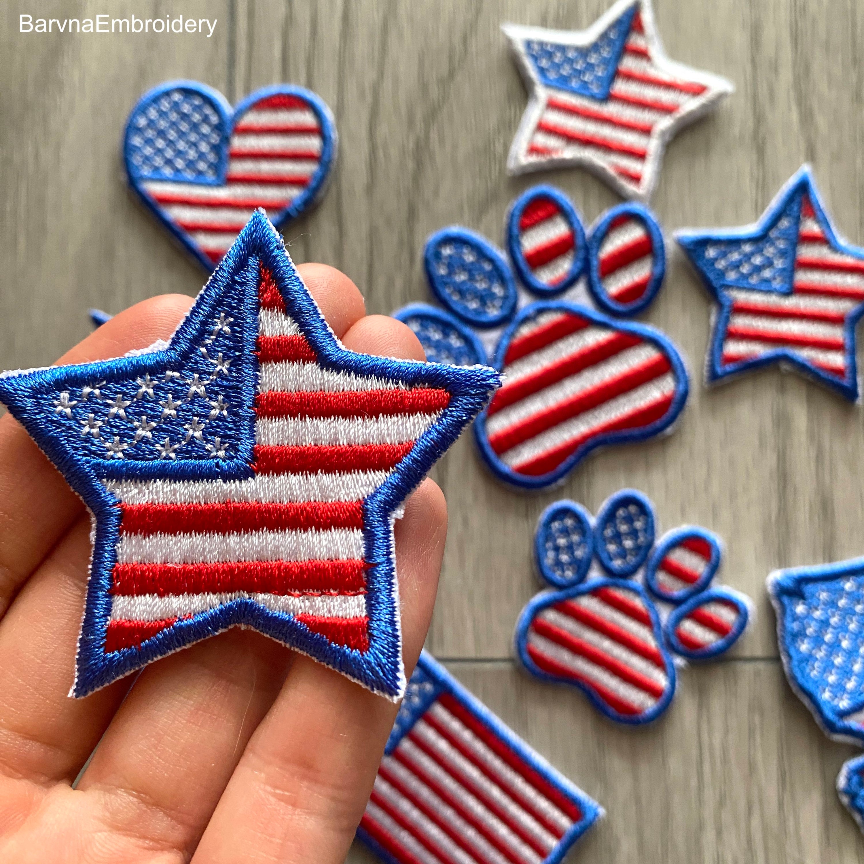 Machine embroidery design of a star filled with the USA flag, perfect for patriotic decorations and patches.