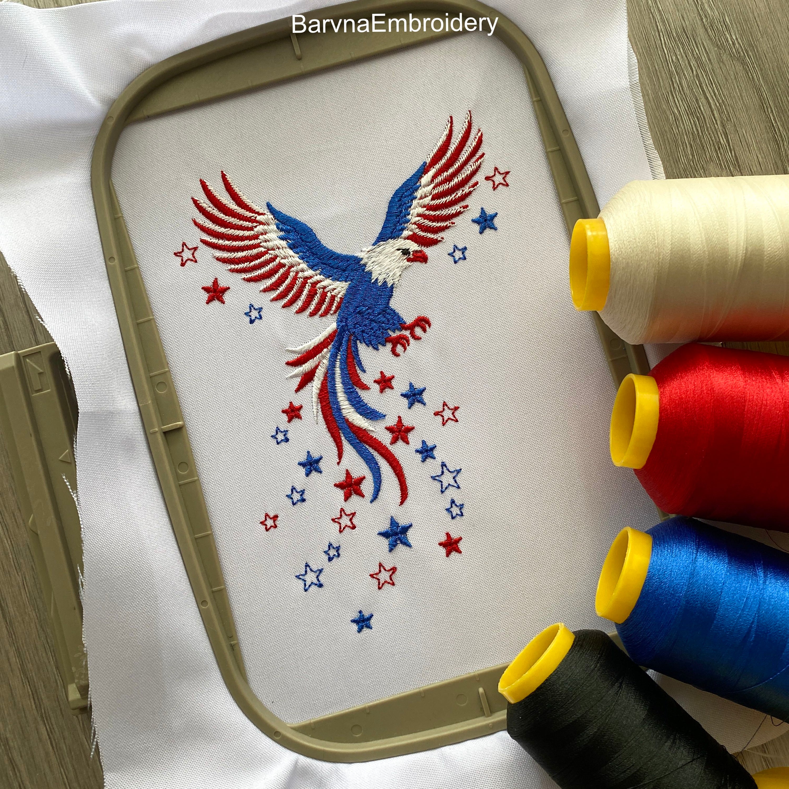Patriotic machine embroidery design set with eagle and USA lettering in red white and blue colors