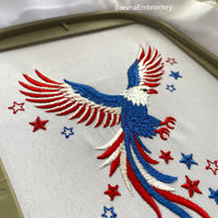Machine embroidery design of an American eagle in red, white, and blue, with patriotic stars in flying motion, ideal for 4th of July and USA-themed projects.