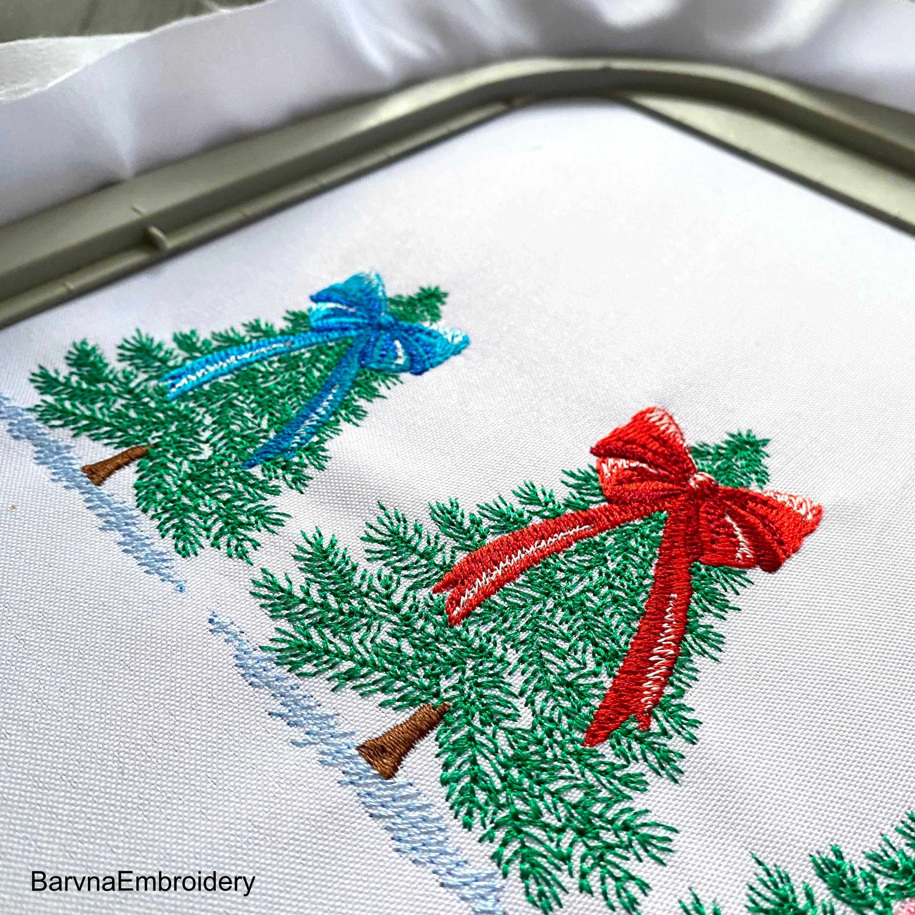 Christmas trees with Bows Machine Embroidery Design, Christmas embroidery files.