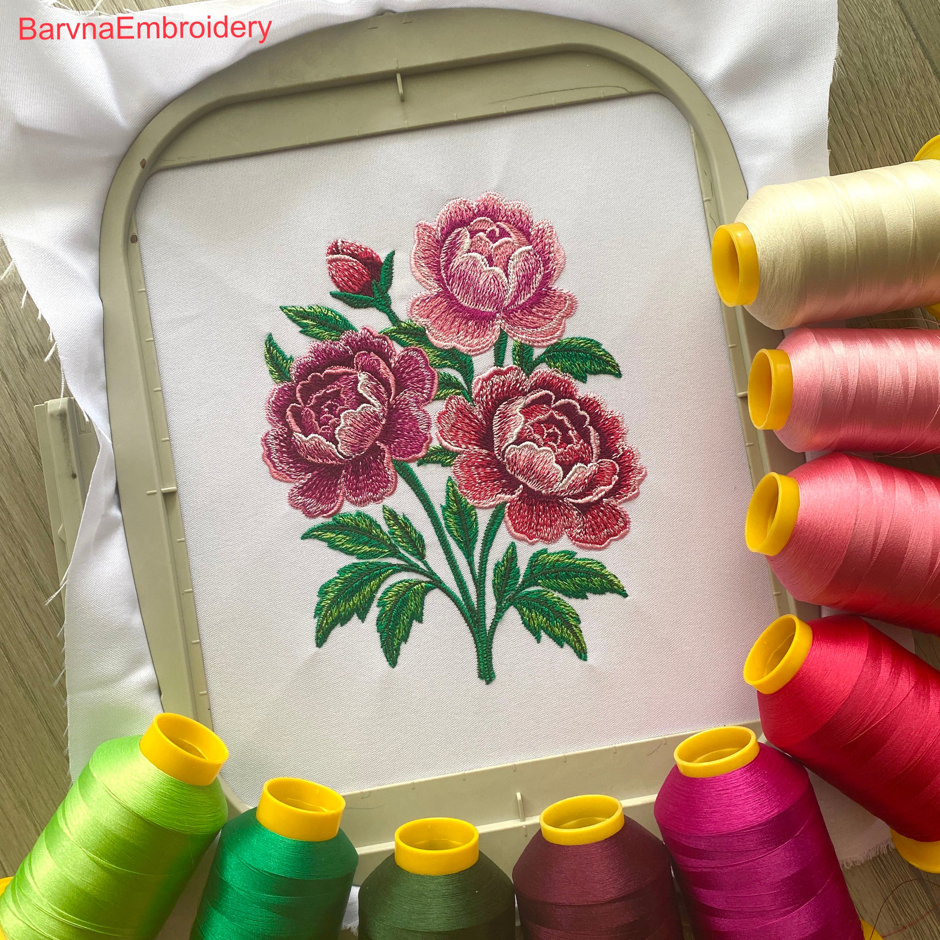 Beautiful machine embroidery design featuring a detailed bouquet of peony flowers in full bloom, perfect for decorative stitching.