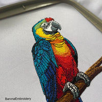 Colorful macaw parrot machine embroidery design sitting on a branch, digital file for embroidery machines.