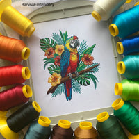 Colorful macaw parrot machine embroidery design with tropical flowers and leaves, digital file for embroidery machines.