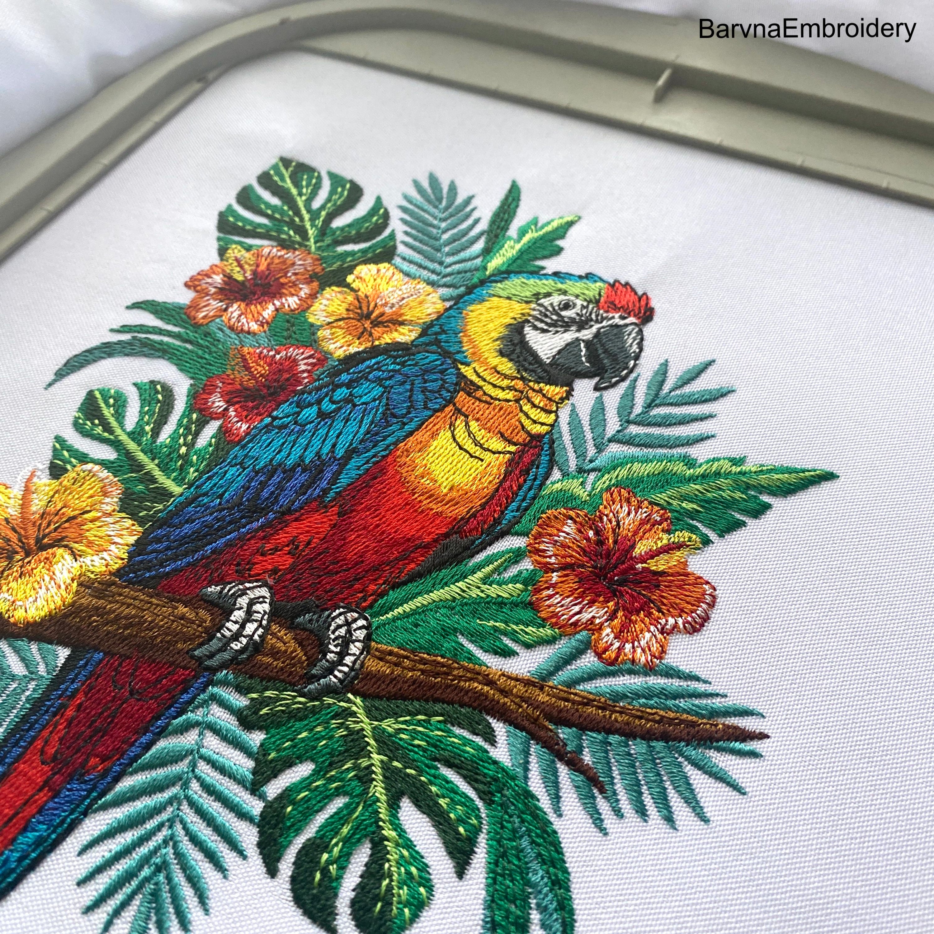 Colorful macaw parrot machine embroidery design with tropical flowers and leaves, digital file for embroidery machines.