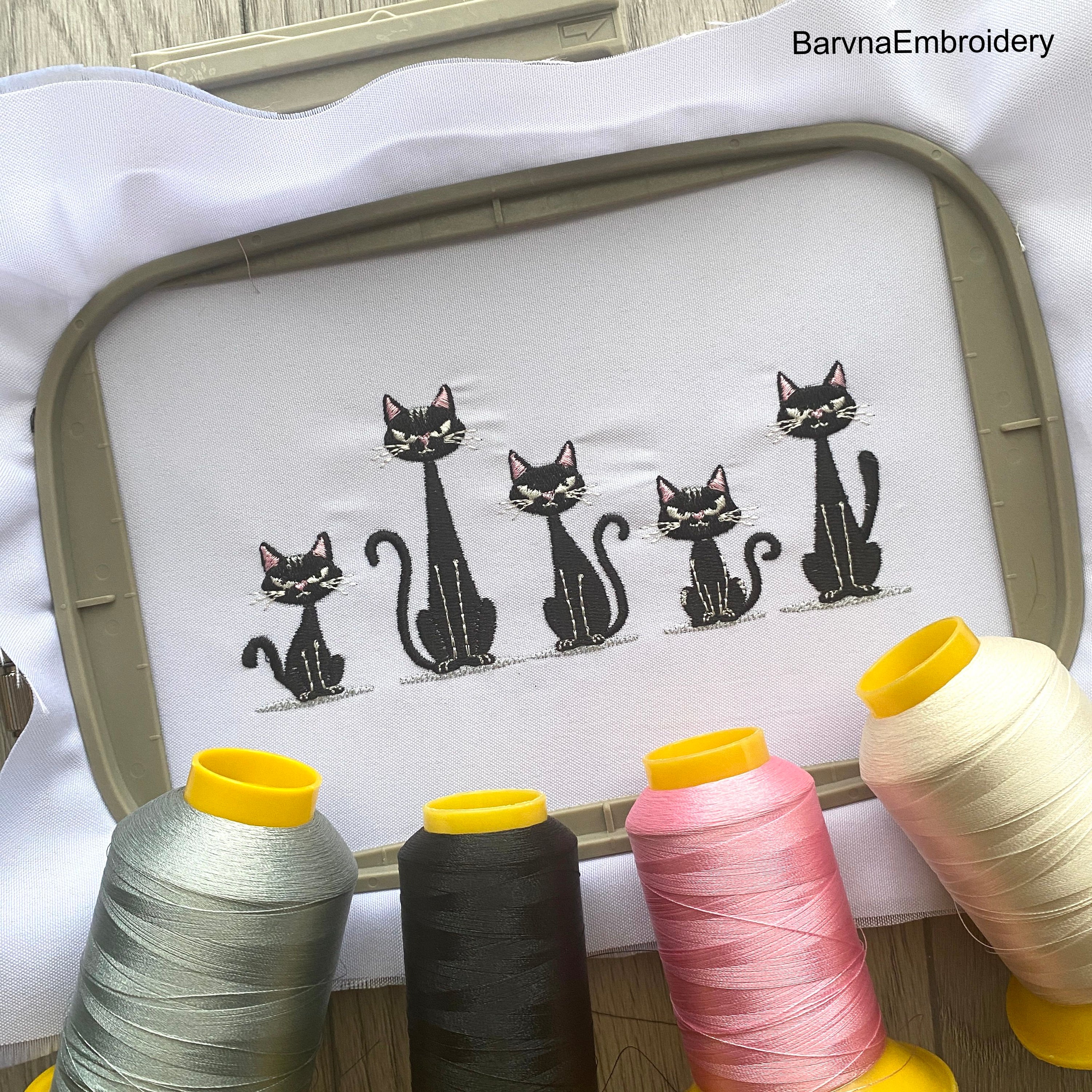Five spooky black cats sitting in a row – cute Halloween machine embroidery design for clothes, bags, and home décor.