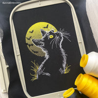 Spooky Halloween embroidery design with cat silhouette, moon, and bats – perfect for stitching on dark fabric.