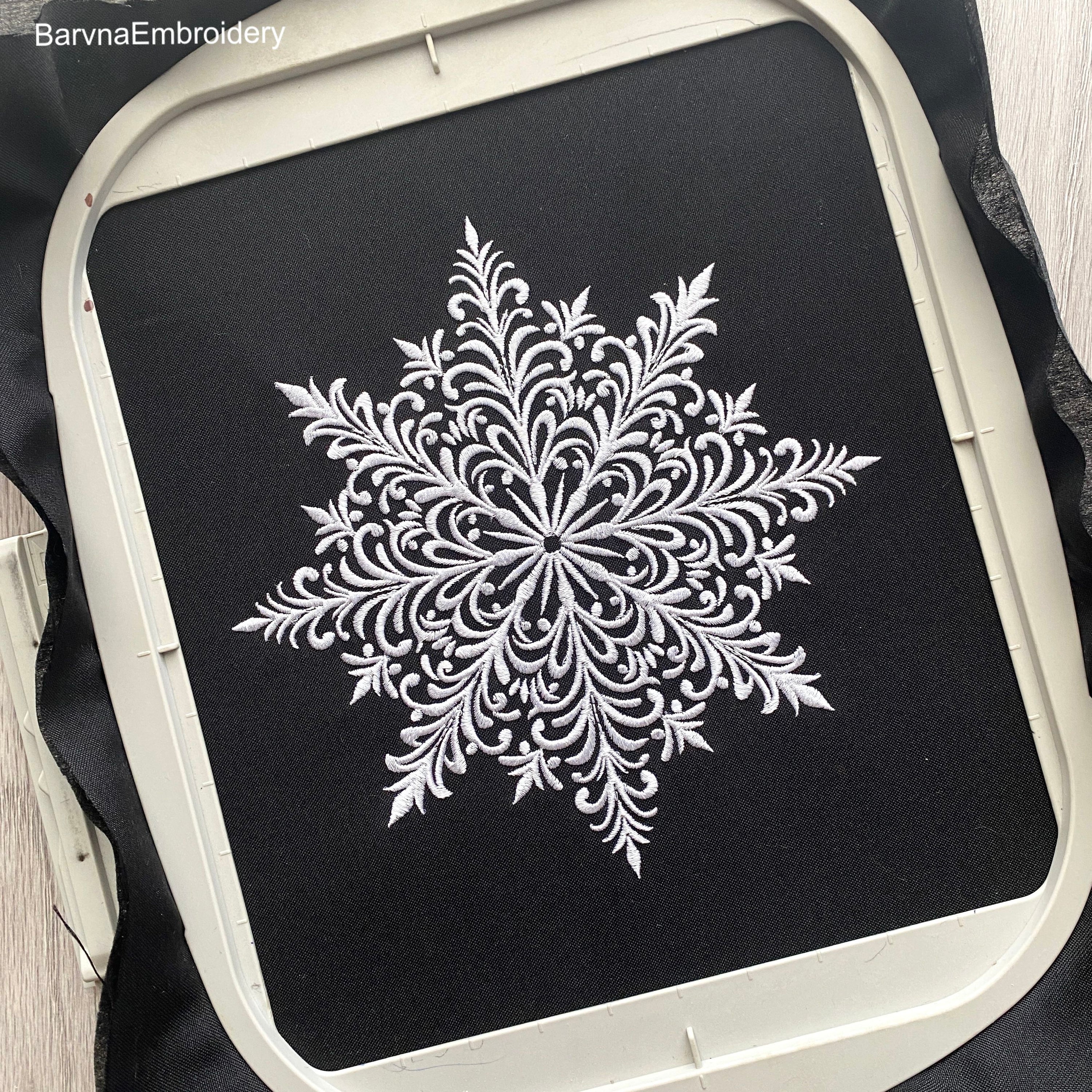 Elegant big snowflake machine embroidery design – one color winter stitch, perfect for pillows and décor.