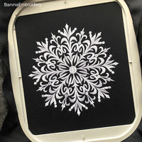 Detailed snowflake embroidery design – elegant one-color machine embroidery file for winter and holiday projects.