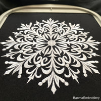 Detailed snowflake embroidery design – elegant one-color machine embroidery file for winter and holiday projects.