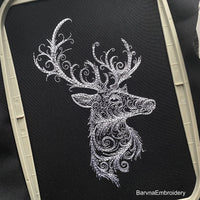 Deer head side view embroidery design with swirls – digital one-color embroidery file for Christmas and winter decor.