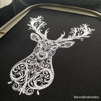 Deer head embroidery design with swirl details – one-color digital machine embroidery file for holiday and winter projects.
