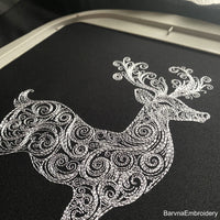 Standing deer embroidery design with swirls – one-color digital machine embroidery file for festive and seasonal projects.