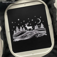 Winter landscape embroidery design with trees, deer, snowflakes, and moon – one-color digital machine embroidery file for holiday projects.