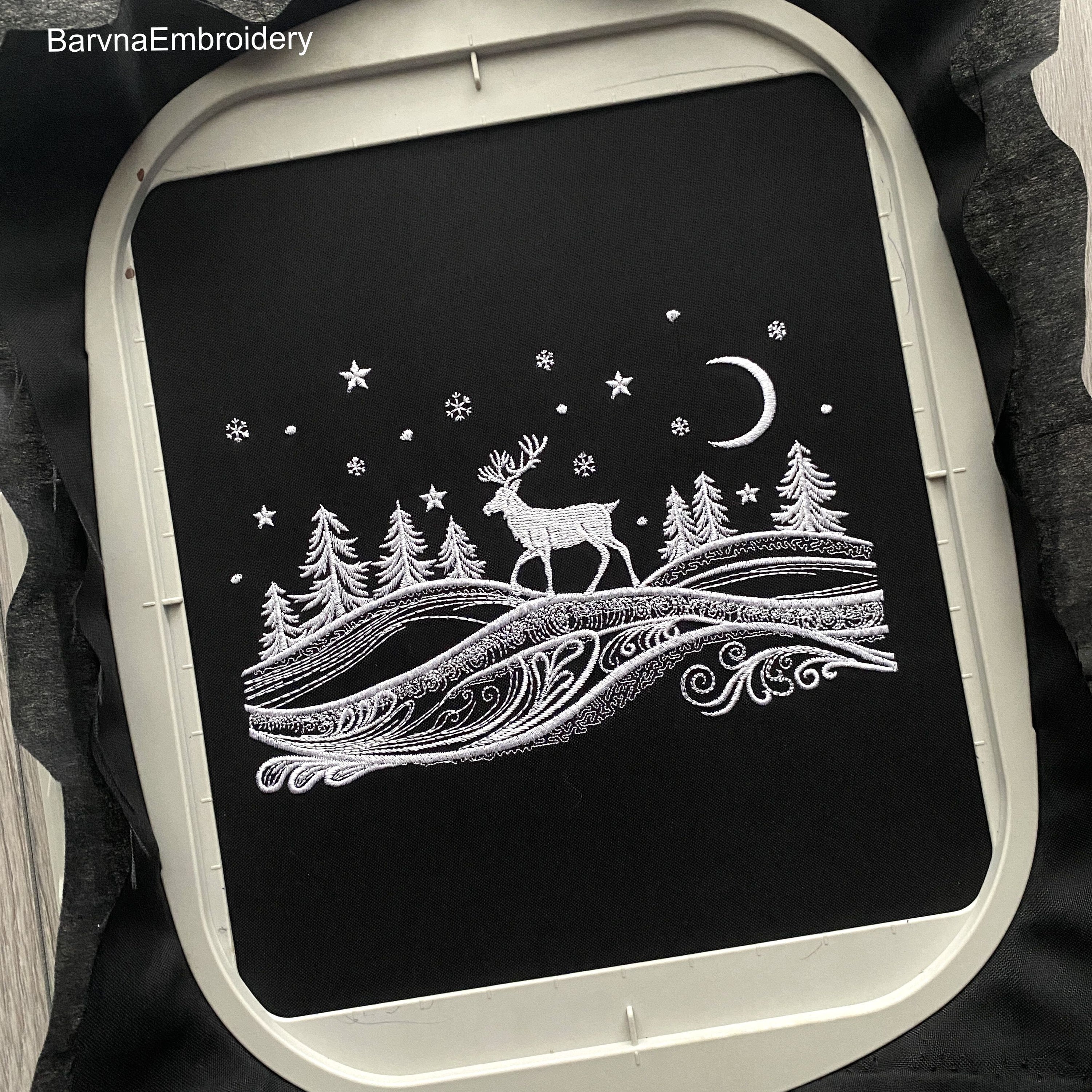 Winter landscape embroidery design with trees, deer, snowflakes, and moon – one-color digital machine embroidery file for holiday projects.