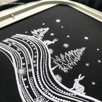 Winter landscape embroidery design with trees, moon, stars, and two rabbits – one-color digital file for holiday and Christmas projects.