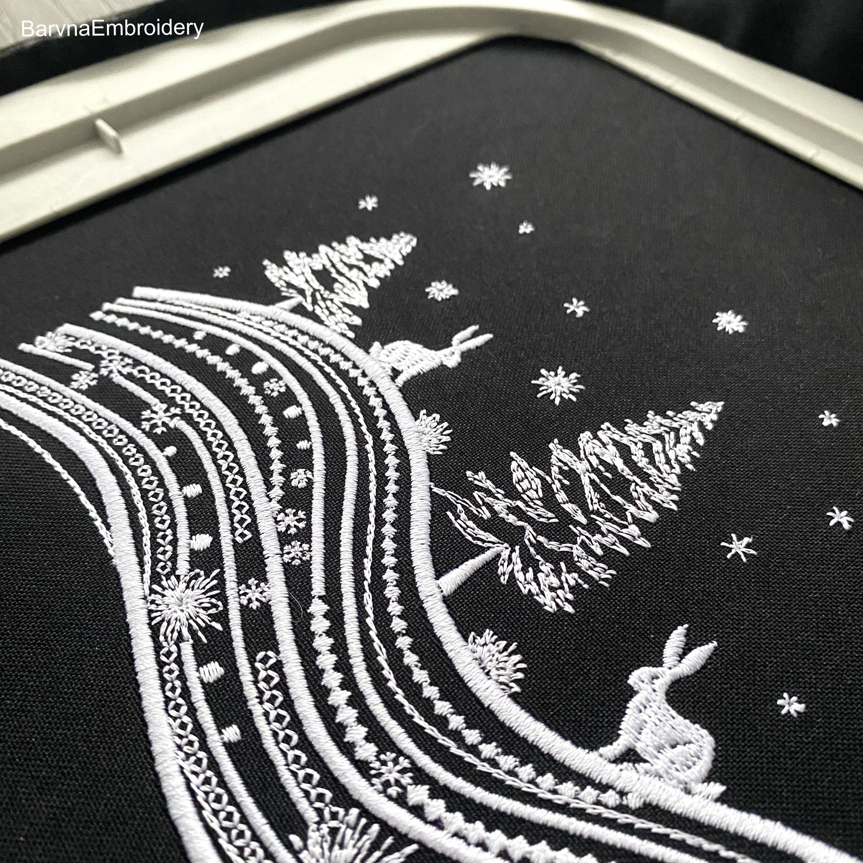 Winter landscape embroidery design with trees, moon, stars, and two rabbits – one-color digital file for holiday and Christmas projects.
