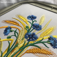 Floral embroidery design with wheat and cornflowers – one-color machine embroidery file perfect for summer, rustic, and nature-themed projects.