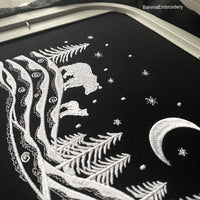 Winter landscape embroidery design with trees, two bears, stars, and moon – one-color machine embroidery file for Christmas and winter projects.