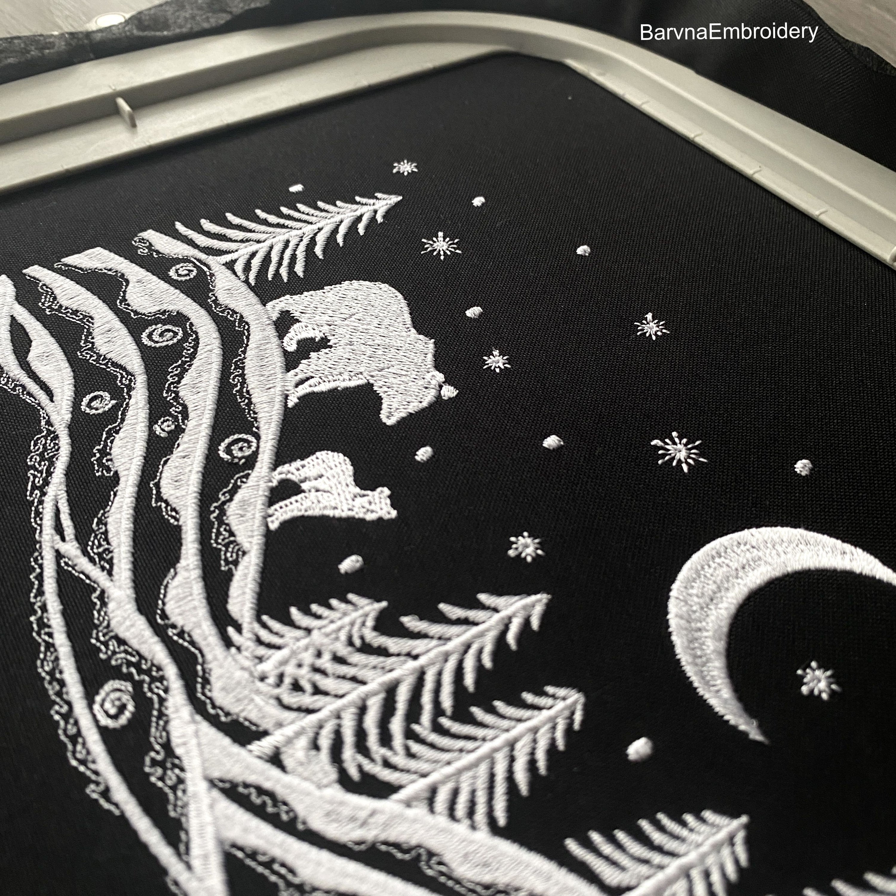 Winter landscape embroidery design with trees, two bears, stars, and moon – one-color machine embroidery file for Christmas and winter projects.