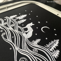 One color winter landscape embroidery design featuring a fox, trees, stars, and moon – perfect for Christmas and winter embroidery projects.