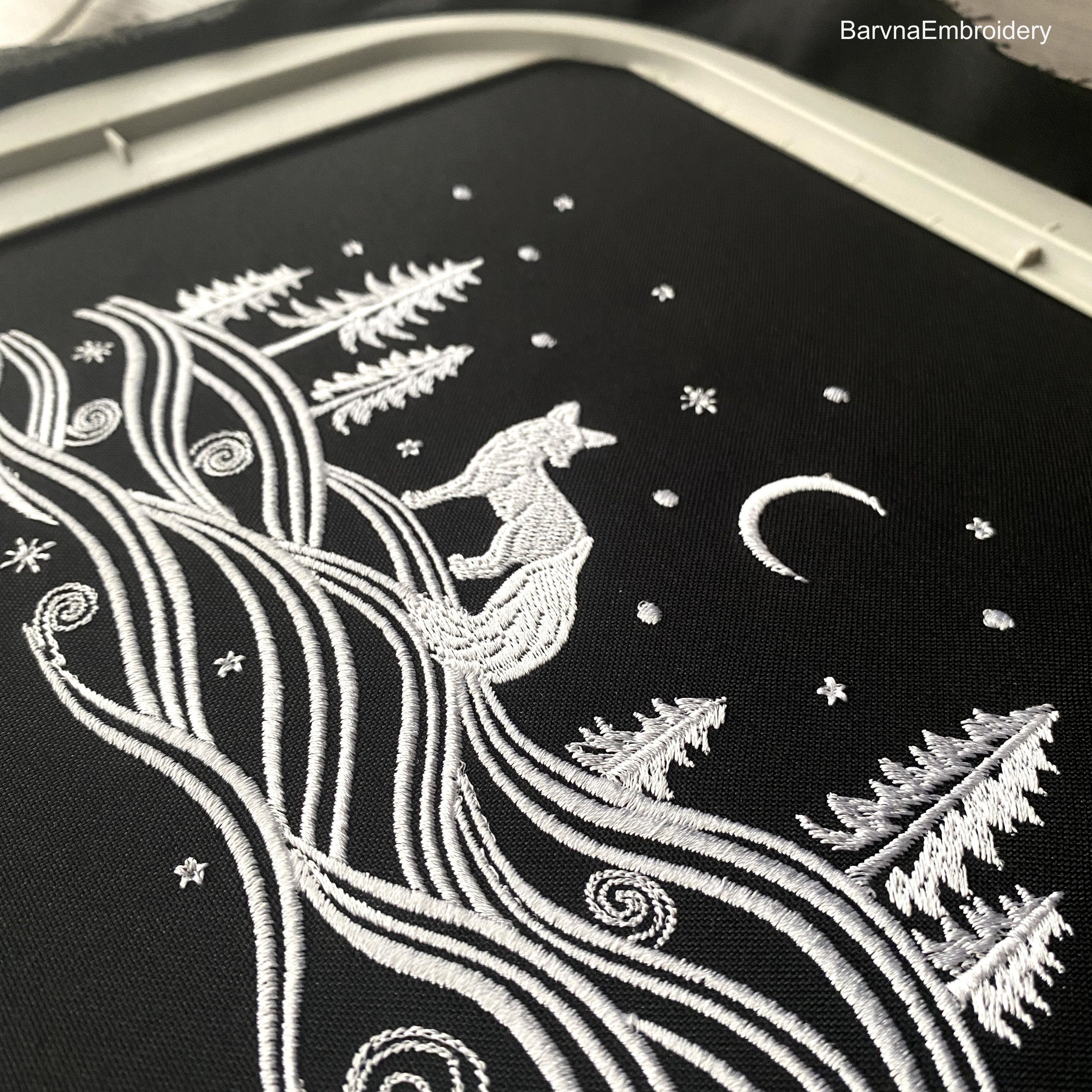 One color winter landscape embroidery design featuring a fox, trees, stars, and moon – perfect for Christmas and winter embroidery projects.