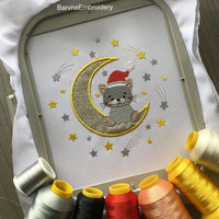 Cute Christmas Cat on Moon Applique Machine Embroidery Design with Santa Hat and Stars