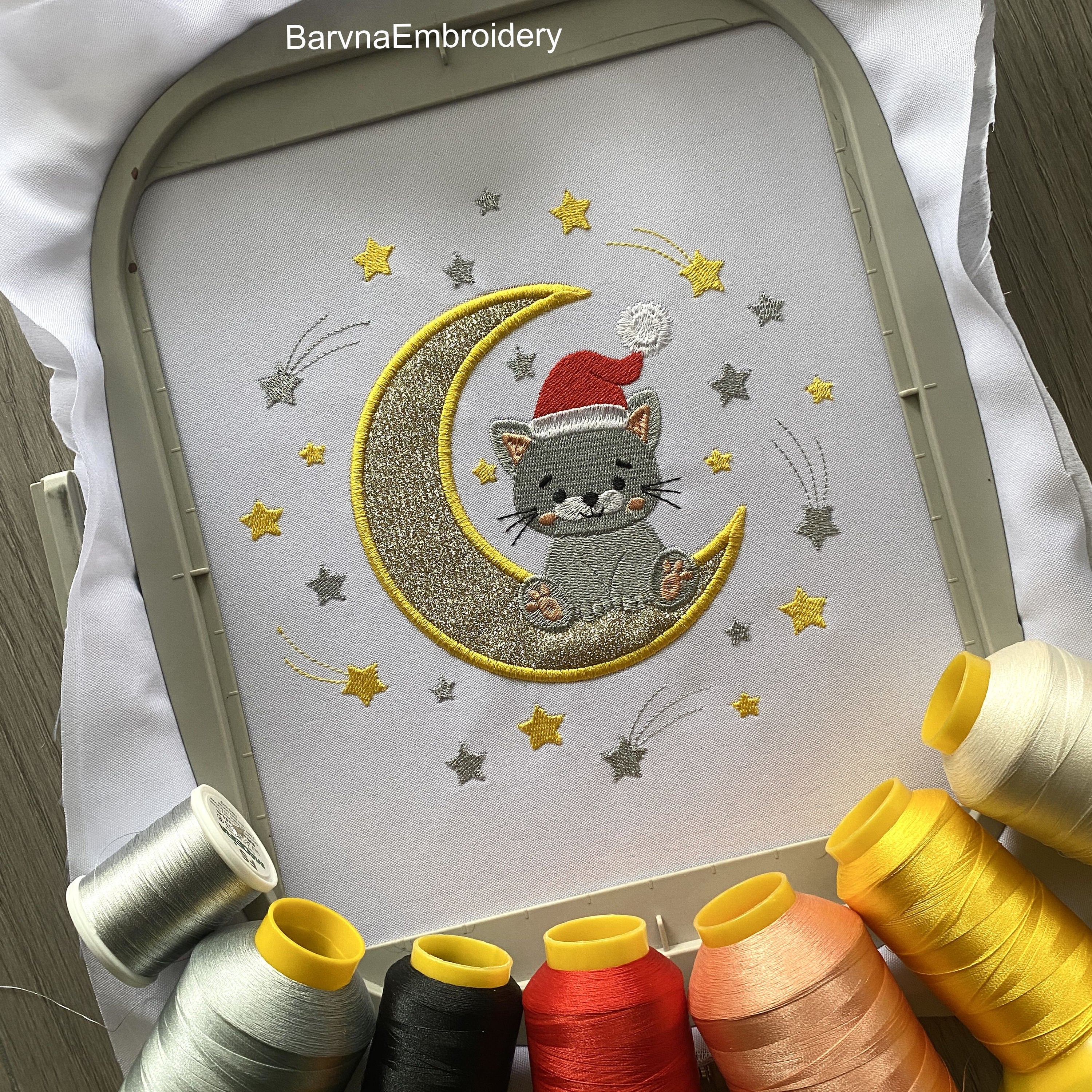 Cute Christmas Cat on Moon Applique Machine Embroidery Design with Santa Hat and Stars