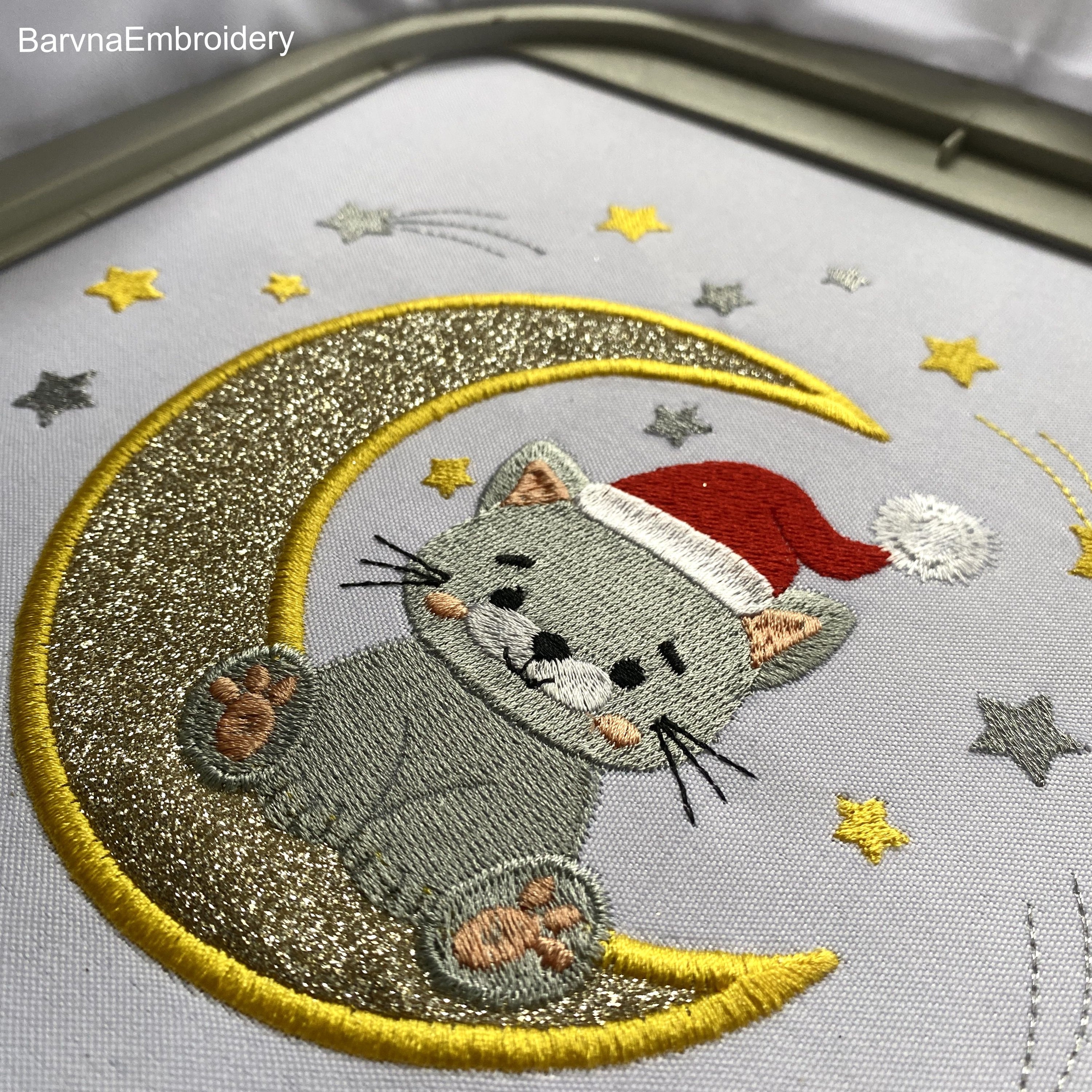 Cute Christmas Cat on Moon Applique Machine Embroidery Design with Santa Hat and Stars