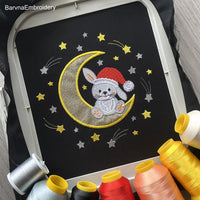 Christmas Bunny Sitting on Moon with Santa Hat — Cute Applique Machine Embroidery Design