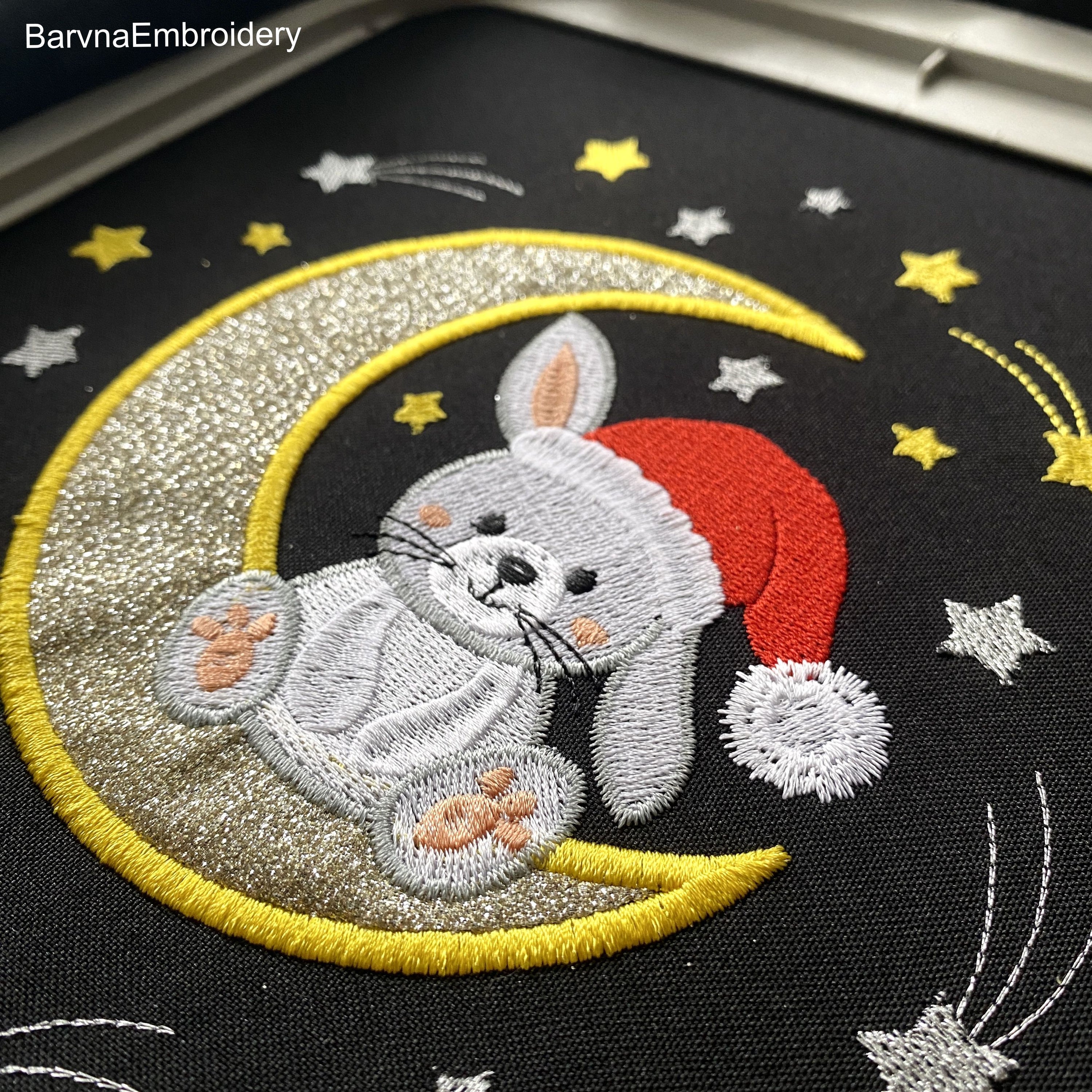 Christmas Bunny Sitting on Moon with Santa Hat — Cute Applique Machine Embroidery Design