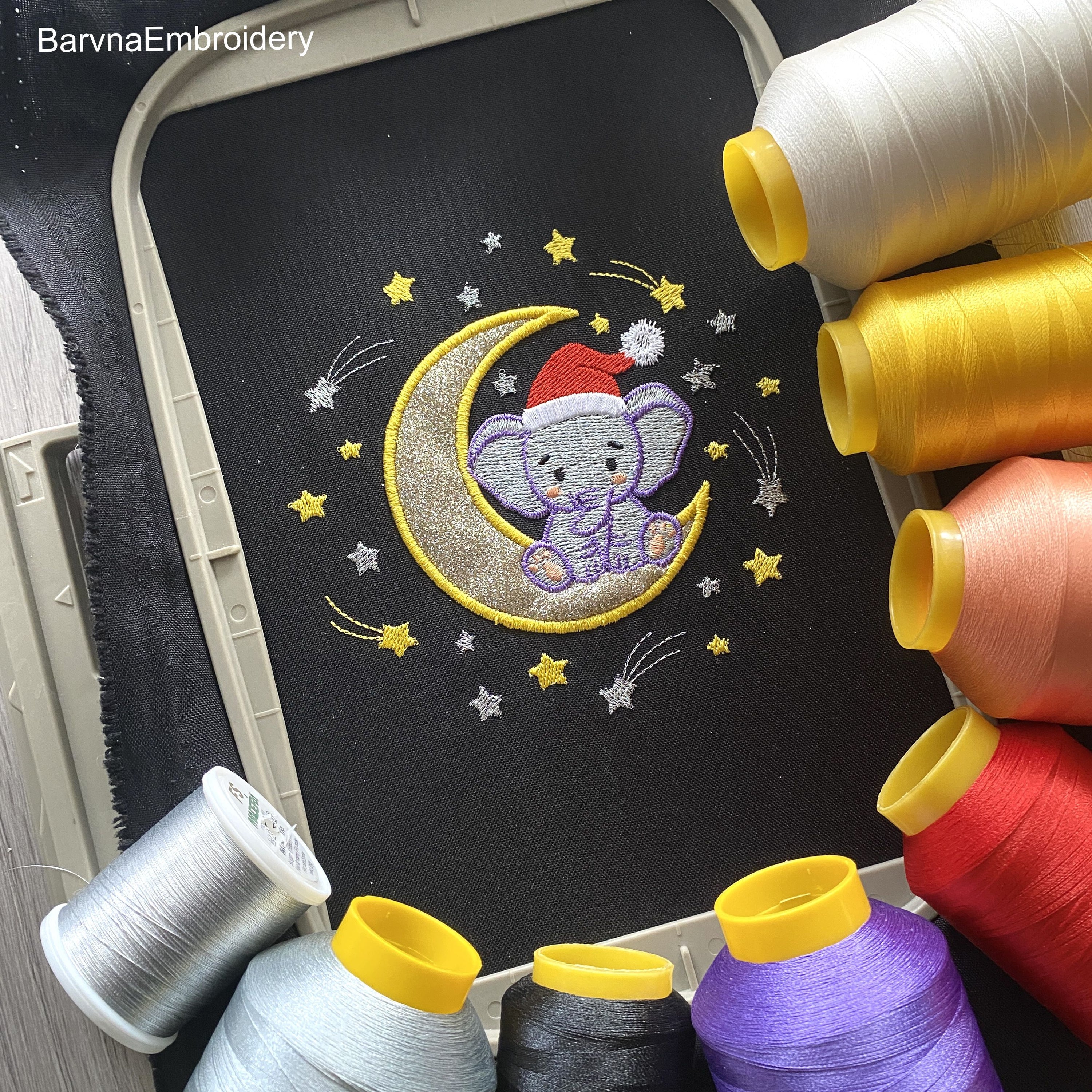 Christmas Elephant on Moon Machine Embroidery Design Applique (Instant Download)