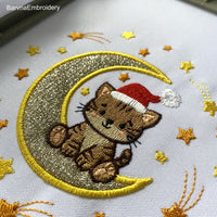 Cute Christmas Tiger Sitting on Moon Applique Embroidery Design with Santa Hat and Stars