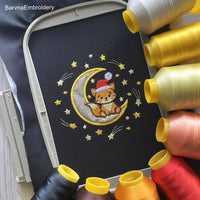 Christmas Fox Sitting on Moon with Santa Hat and Stars — Cute Applique Machine Embroidery Design