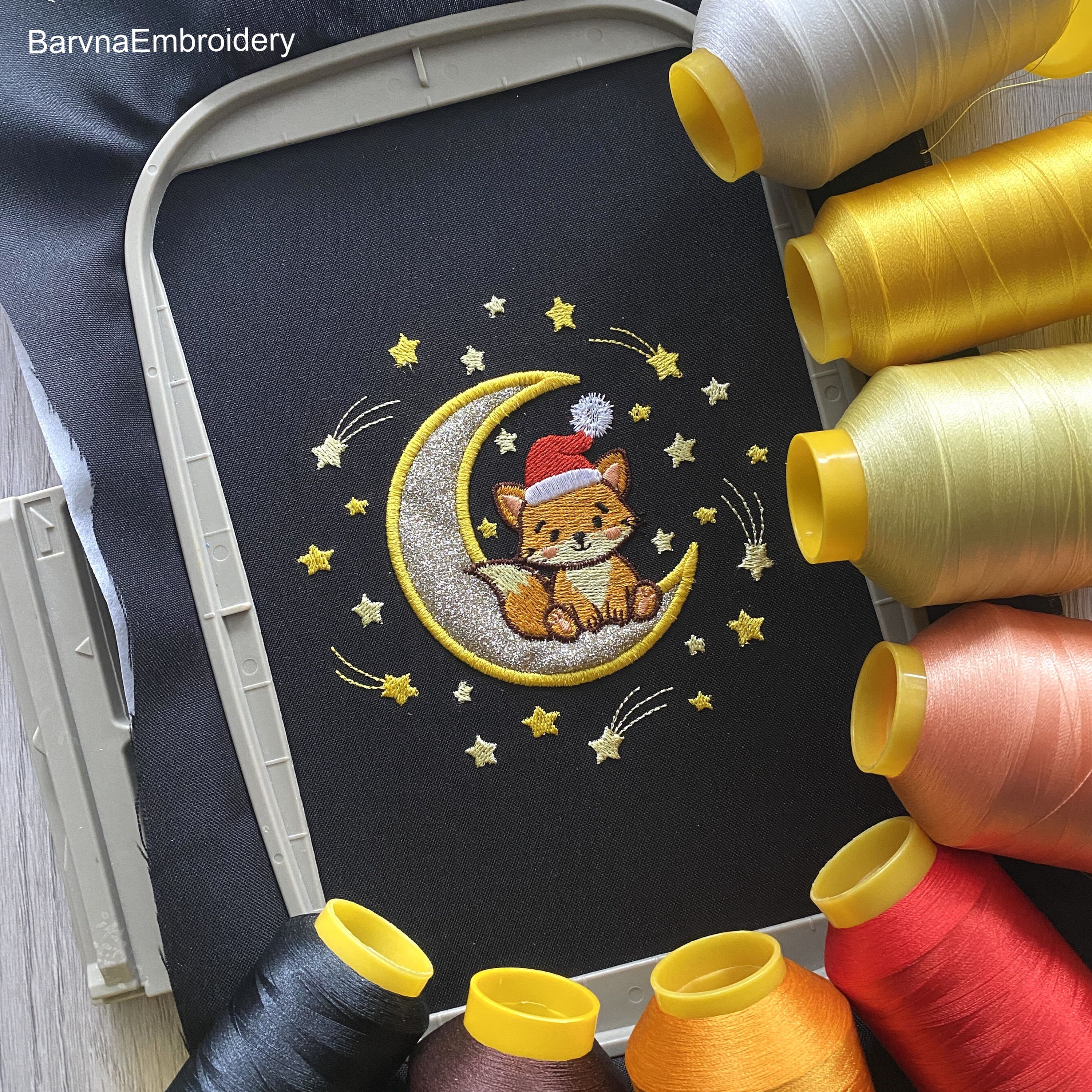 Christmas Fox Sitting on Moon with Santa Hat and Stars — Cute Applique Machine Embroidery Design