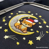 Christmas Fox Sitting on Moon with Santa Hat and Stars — Cute Applique Machine Embroidery Design