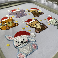 Mini Christmas Bunny Machine Embroidery Designs in Santa Hat — perfect for kids, fits 4x4 hoop.