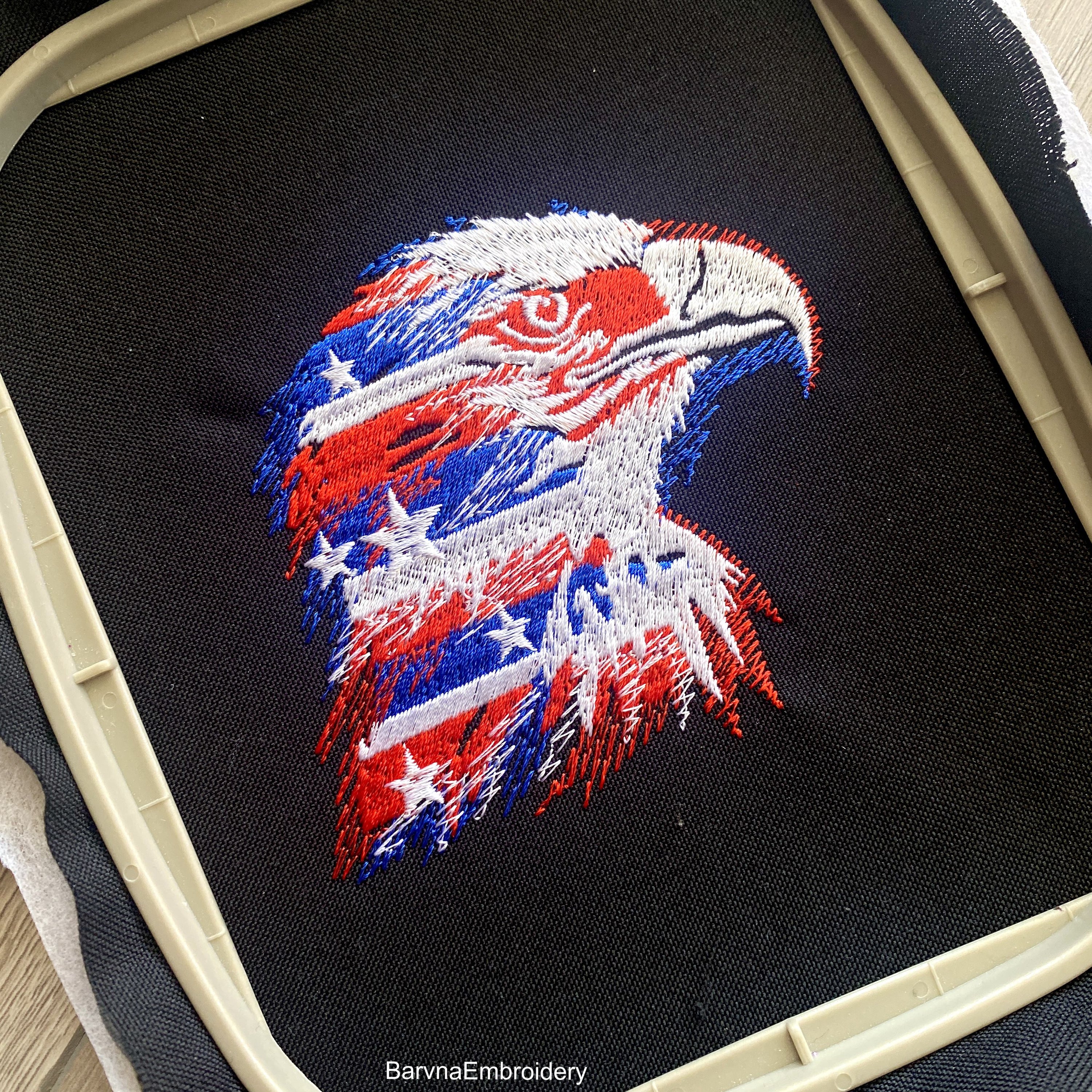 Patriotic machine embroidery design set with eagle and USA lettering in red white and blue colors