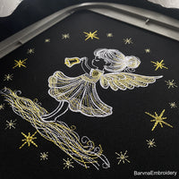 Christmas angel girl holding bell machine embroidery design with glowing stars and festive feel.