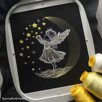 Angel girl touching stars on moonlight background machine embroidery design for Christmas.