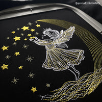 Angel girl touching stars on moonlight background machine embroidery design for Christmas.