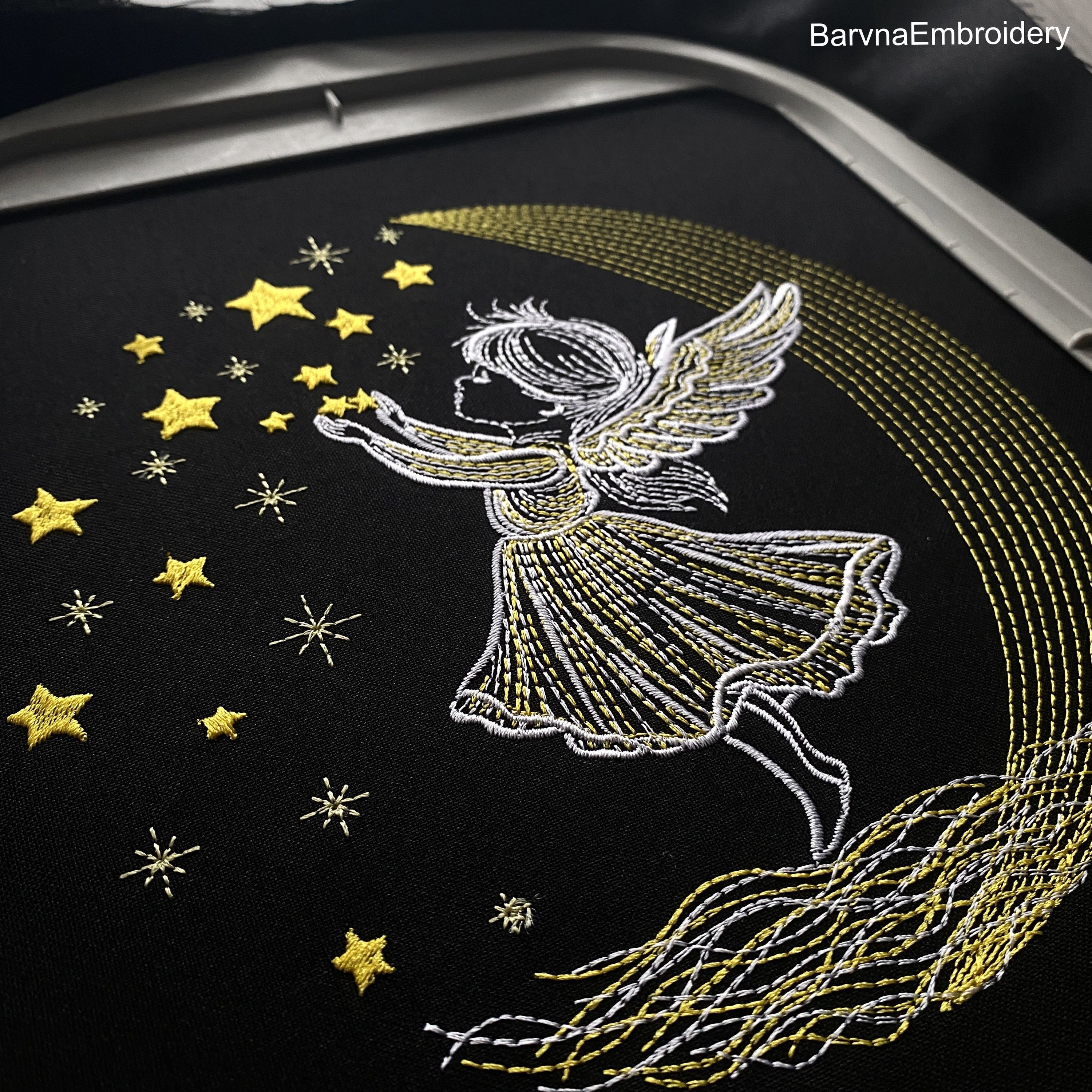 Angel girl touching stars on moonlight background machine embroidery design for Christmas.