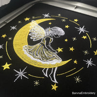 Machine embroidery design of angel girl sitting on the moon surrounded by stars, perfect for Christmas gifts and baby clothes.