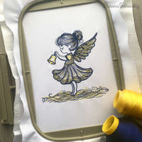Angel girl holding bell machine embroidery design, 2-color Christmas embroidery file for kids, holiday angel pattern