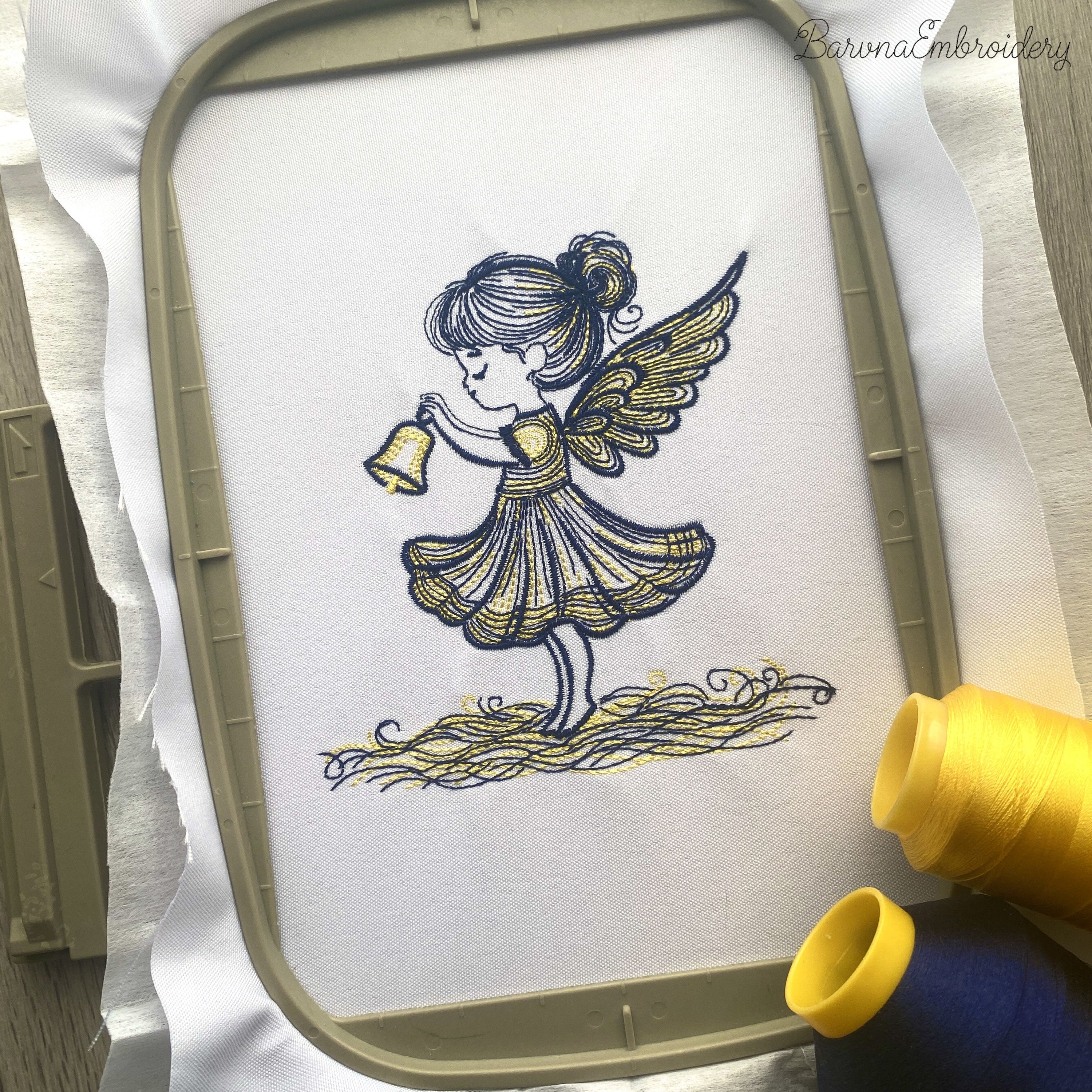 Angel girl holding bell machine embroidery design, 2-color Christmas embroidery file for kids, holiday angel pattern