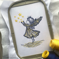 Angel girl reaching for stars machine embroidery design, 2-color Christmas embroidery file for kids and beginners