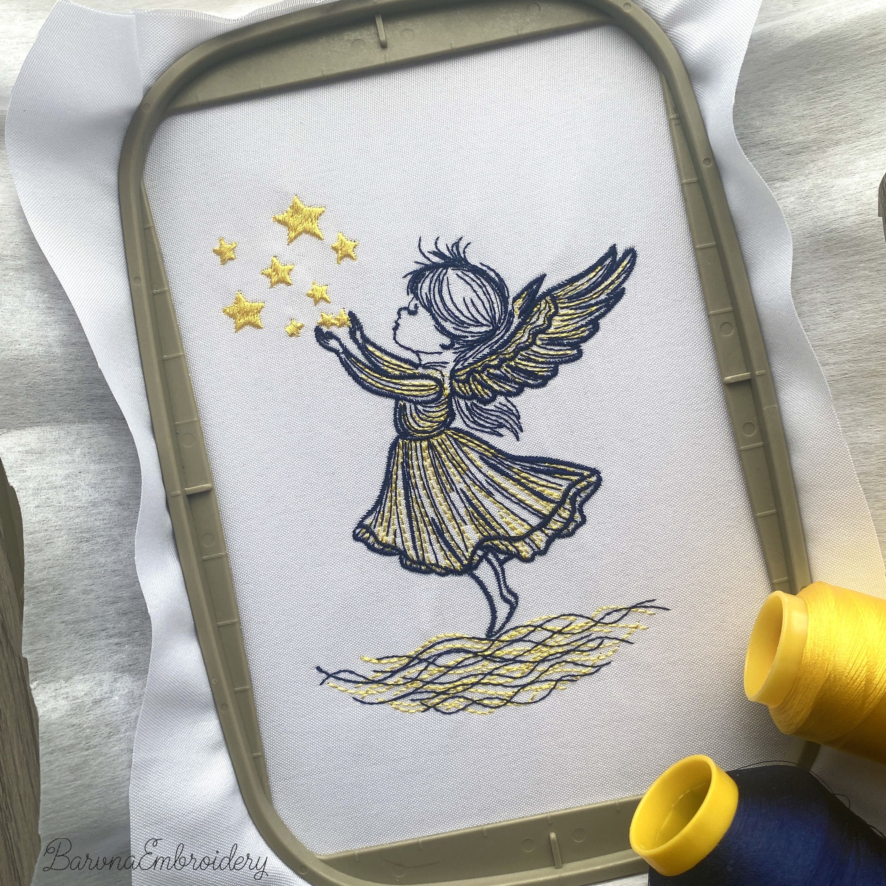 Angel girl reaching for stars machine embroidery design, 2-color Christmas embroidery file for kids and beginners