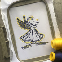 Angel girl holding a star machine embroidery design, 2-color Christmas embroidery file for kids and beginners, holiday stitch pattern