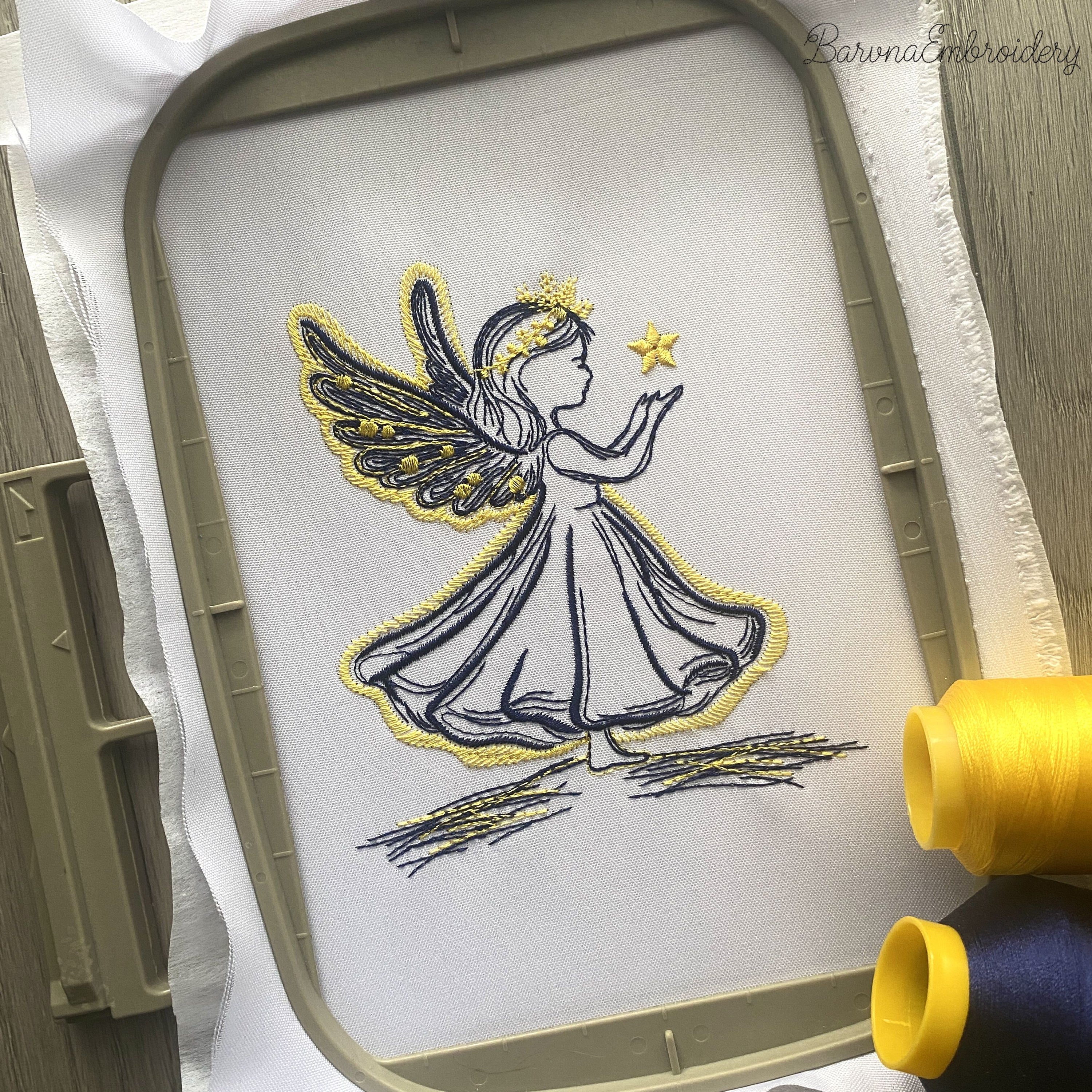 Angel girl holding a star machine embroidery design, 2-color Christmas embroidery file for kids and beginners, holiday stitch pattern