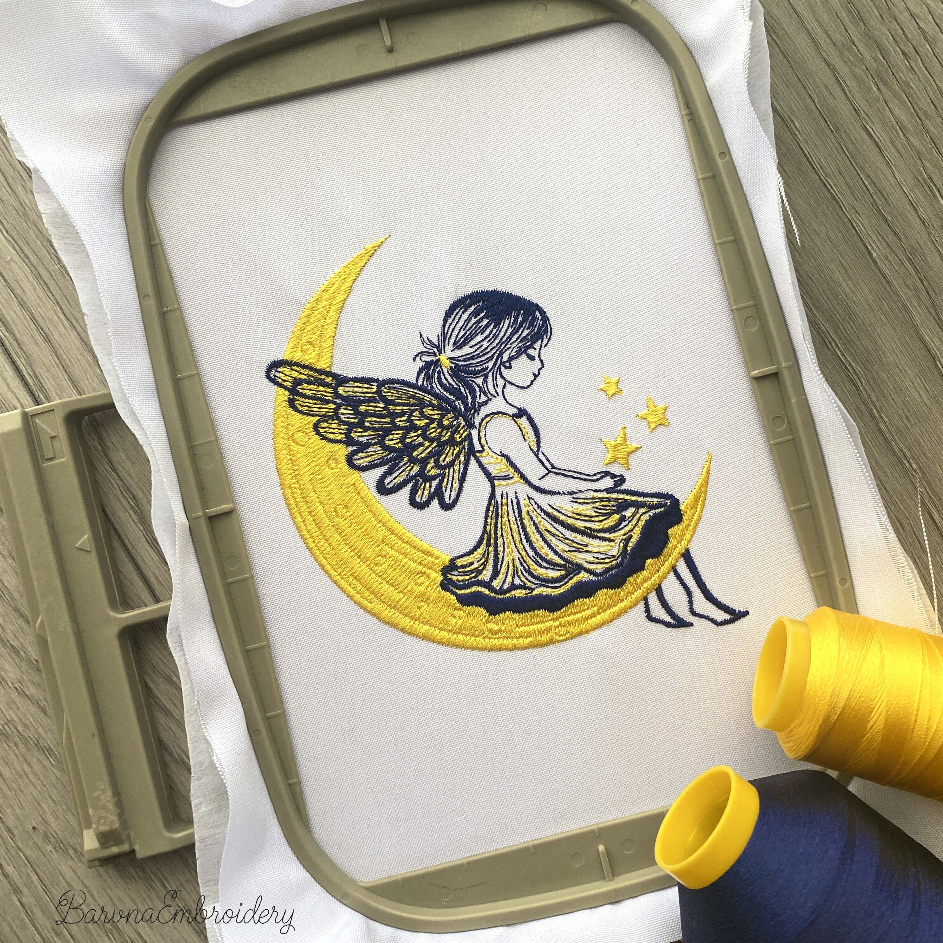 Angel girl sitting on the moon machine embroidery design, Christmas angel embroidery file for kids, 2-color easy stitch pattern